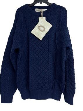 New Aran Sweater Market Navy Blue Cable Knit 100% Wool Sweater C1347